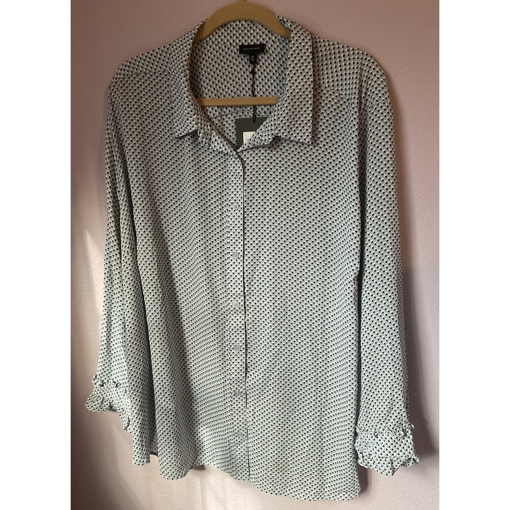 Who What Wear Blue Black White Button Down Long Sleeve Blouse Ruffle Cuff 4X New